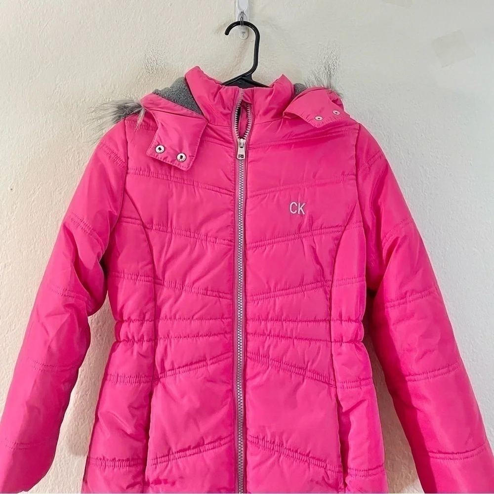 Calvin Klein Big Girls Aerial Hooded Jacket with Faux-Fur Trim Size Medium Pink